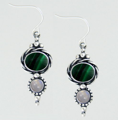 Sterling Silver Drop Dangle Earrings With Malachite And Rainbow Moonstone